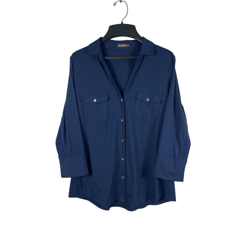 J. McLaughlin Navy Stretch Knit Top Womens L Button Front 3/4 Sleeve Career